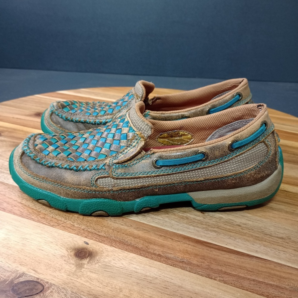 Twisted X Slip On Driving Moc Shoes Womens 6.5 M Brown Turquoise Woven Boat Shoe